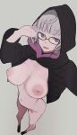  1girl bangs black_jacket blue_eyes bottomless breasts cropped_jacket fate/grand_order fate_(series) foreshortening glasses grey_hair highres hood hood_up inverted_nipples jacket jacques_de_molay_(foreigner)_(fate) large_breasts looking_at_viewer navel nipples open_mouth puffy_nipples short_hair smile solo wr_(karakusa_senbei) 