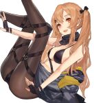  1girl :3 absurdres bandana bangs bikini bikini_top black_bikini black_gloves black_legwear black_scarf bow breasts brown_hair commentary_request eyebrows_visible_through_hair fingerless_gloves girls&#039;_frontline gloves hair_bow hair_ornament hair_tie hairclip highres jacket jacket_removed knee_pads legs_up long_hair looking_at_viewer medium_breasts messikid open_mouth pantyhose red_eyes scar scar_across_eye scarf sidelocks sitting smile solo swimsuit teeth twintails ump9_(girls&#039;_frontline) unfinished upper_teeth white_background 