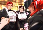  1other 3boys akashi_(live_a_hero) alternate_costume bara beard black_bow black_bowtie black_hair blush bow bowtie broken_horn bursting_pectorals demon_boy demon_horns facial_hair foreshortening formal grin highres holding_hands horns kizami_nori_to_yamaimo large_pectorals leaning_forward live_a_hero long_sideburns looking_at_viewer male_focus mature_male multiple_boys muscular muscular_male nessen_(live_a_hero) pectorals pov scar scar_on_face scar_on_nose short_hair sideburns smile take_your_pick veins victom_(live_a_hero) 