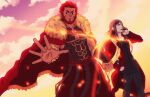  2boys armor beard breastplate cape cleavage_cutout clothing_cutout danichigo facial_hair fate/grand_order fate/zero fate_(series) feet_out_of_frame from_below fur-trimmed_cape fur_trim iskandar_(fate) leather long_hair lord_el-melloi_ii male_focus mature_male multiple_boys muscular muscular_male open_hand red_eyes red_hair short_hair smile smoking sunlight waver_velvet 