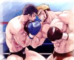  2boys abs bara beard blood boxing boxing_gloves bulge cowboy_shot duel eye_contact facial_hair grin injury large_pectorals looking_at_another male_focus mature_male multiple_boys muscular muscular_male navel nipples original owariya_ranko pectorals short_hair smile stomach sweat thick_thighs thighs topless_male wrestling_outfit wrestling_ring 