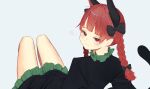  1girl :3 animal_ear_fluff animal_ears blush bow braid cat_ears cat_tail dress extra_ears green_dress heart highres kaenbyou_rin kuromori_o looking_at_viewer red_eyes red_hair simple_background smile smug solo spoken_heart tail touhou twin_braids 