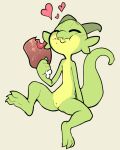  &lt;3 2019 anthro blush casual_nudity eating eyes_closed female flat_chested food front_view full-length_portrait genitals green_body happy hi_res itsunknownanon kobold meat nude portrait pussy scalie sitting solo 