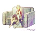  2girls barefoot black_hair breasts closed_mouth dated dress feet ico kageya_(aguruma) long_hair looking_at_viewer mono multiple_girls pointy_ears shadow_of_the_colossus short_hair silver_hair sitting white_background white_dress yorda 