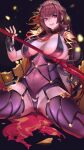  1girl armor between_breasts bodysuit breasts cleavage covered_navel fate/grand_order fate_(series) gae_bolg_(fate) highres large_breasts leotard long_hair necktie necktie_between_breasts pauldrons polearm purple_bodysuit purple_hair purple_leotard qibu_yuren_jiu red_eyes red_necktie scathach_(fate) shoulder_armor slit_pupils smile solo spear spread_legs thighs torn_clothes very_long_hair weapon 