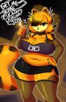 2021 absurd_res anthro big_breasts bottomwear breasts cigarette clothing crossgender cute_fangs dialogue domestic_cat english_text felid feline felis female fishnet fishnet_armwear garfield_(series) garfield_the_cat gothfield hair hand_on_hip hi_res holding_cigarette holding_object looking_at_viewer mammal mtf_crossgender navel open_mouth pink_nose skirt slightly_chubby solo text thetransformistress 
