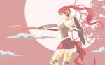  1girl absurdres armor armored_legwear armpits bare_shoulders breasts corset elbow_gloves from_side full_moon gloves green_eyes highres jewelry long_hair medium_breasts midriff moon neck_ring pink_sky polearm pyrrha_nikos red_hair rwby shield solo spear thighhighs thighs tsukimizake weapon 