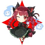  1girl animal_ear_fluff animal_ears black_legwear bow braid cat_ears cat_tail chibi dress fang floral_print ghost green_dress highres hitodama holding holding_skull kaenbyou_rin kuraudo leg_ribbon long_hair multiple_tails one_eye_closed red_eyes red_hair ribbon simple_background skull slit_pupils smile solo star_(symbol) tail touhou twin_braids two_tails 