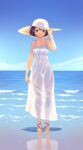  1girl absurdres blue_eyes blue_sky brown_hair cloud commission dress gloamy hand_on_headwear hat highres horizon looking_at_viewer ocean original reflection see-through_dress see-through_silhouette short_hair sky smile solo straw_hat sundress thighs translucent water 
