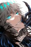  1boy bangs black_cape blue_eyes cape fate/grand_order fate_(series) grey_hair grin hair_between_eyes hand_up highres looking_at_viewer male_focus medium_hair oberon_(fate) poison17 portrait shirt simple_background smile solo spoilers white_background white_shirt 