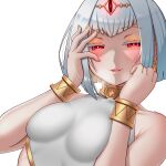  1girl bare_shoulders blush bracelet breasts breath cottage_project drooling eyebrows_visible_through_hair half-closed_eyes hand_on_own_cheek hand_on_own_face highres jewelry looking_at_viewer mangu_nito nekojima parted_lips red_eyes saliva saliva_trail shiny shiny_hair short_hair silver_hair small_breasts solo transparent_background upper_body virtual_youtuber 
