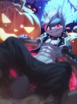  abs anthro athletic athletic_male band-aid bandage canid canine clothed clothing collar ear_piercing food fruit hald_(manadezimon) halloween hi_res holidays male mammal manadezimon open_clothing open_topwear open_vest pecs piercing plant pumpkin scar solo spiked_collar spikes topwear vest 
