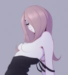  1girl absurdres black_shirt breasts closed_mouth colored_nipples expressionless grey_background grey_nipples hair_over_one_eye highres light_purple_hair little_witch_academia long_hair looking_at_viewer nipples pale_skin pudgeruffian red_eyes shirt simple_background small_breasts solo strap_slip sucy_manbavaran tank_top upper_body 