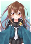  1girl :t =3 bangs black_sailor_collar black_skirt blue_scarf brown_eyes brown_hair commentary_request commission eyebrows_visible_through_hair fumizuki_(kancolle) hair_between_eyes holding holding_clothes holding_scarf kantai_collection long_hair long_sleeves looking_at_viewer nagasioo neckerchief pleated_skirt ponytail pout sailor_collar scarf school_uniform serafuku simple_background skeb_commission skirt solo very_long_hair white_neckerchief 