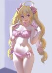  1girl ahoge artist_request bikini blonde_hair blurry blurry_background bow breasts brown_eyes character_request cleavage collarbone copyright_request curly_hair fang hair_ornament hands_on_shoulders jacket jacket_on_shoulders krenz long_hair looking_to_the_side open_mouth pink_bikini pink_bow pink_jacket pink_swimsuit see-through see-through_jacket simple_background solo strapless strapless_bikini swimsuit twintails 