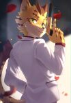  2021 5_fingers absurd_res anthro clothing felid fingers gun hi_res leopard lifewonders looking_back male mammal manadezimon open_mouth ose_(tas) pantherine ranged_weapon solo suit tokyo_afterschool_summoners video_games weapon white_clothing 