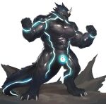  abs absurd_res anthro big_muscles big_pecs black_body claws clothing dragon drone flexing glistening glistening_body glowing glowing_body glowing_eyes hi_res horn kunchafu lock_bulge lock_symbol male muscular muscular_anthro muscular_male null_bulge pecs rubber rubber_clothing rubber_suit simple_background solo standing teeth 