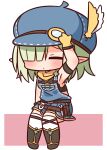  1girl aoi_(princess_connect!) arm_up armpits bare_shoulders black_footwear black_tank_top blue_headwear blush boots cabbie_hat chibi closed_eyes closed_mouth facing_viewer feathers full_body gloves green_hair hair_over_one_eye hana_kazari hat hat_feather highres overall_skirt pink_background pointy_ears princess_connect! sitting solo tank_top thighhighs thighhighs_under_boots two-tone_background white_background white_feathers white_legwear yellow_feathers yellow_gloves 