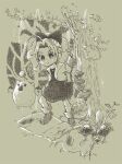  1girl :&lt; ahoge akuyuu_(akuyuworld) boots closed_mouth dress final_fantasy final_fantasy_v greyscale hair_ribbon highres krile_mayer_baldesion monochrome moogle mushroom ponytail ribbon tree 