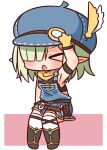  &gt;_&lt; 1girl aoi_(princess_connect!) arm_up armpits bare_shoulders black_footwear black_tank_top blue_headwear blush boots cabbie_hat chibi closed_eyes facing_viewer feathers full_body gloves green_hair hair_over_one_eye hana_kazari hat hat_feather highres open_mouth overall_skirt pink_background pointy_ears princess_connect! sitting solo tank_top thighhighs thighhighs_under_boots two-tone_background white_background white_feathers white_legwear yellow_feathers yellow_gloves 