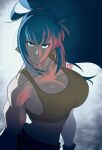  1girl abs absurdres backlighting bare_arms bare_shoulders biceps blue_eyes blue_hair breasts cleavage cold earrings explosive eyelashes frown gold_earrings grenade hardkoba high_ponytail highres jewelry large_breasts leona_heidern long_hair looking_at_viewer midriff muscular muscular_female ponytail shoulders simple_background sleeveless solo tank_top the_king_of_fighters the_king_of_fighters_xiv the_king_of_fighters_xv vest yellow_tank_top yellow_vest 