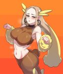  1girl alternate_breast_size animal_ear_fluff arms_up bare_shoulders blonde_hair blush breasts brown_pants brown_skirt choker cosplay cowboy_shot drunkoak earrings green_eyes hair_ornament highres jewelry large_breasts lopunny lopunny_(cosplay) midriff navel oleana_(pokemon) orange_background pants pokemon pokemon_(game) pokemon_swsh skirt 