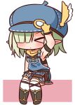  &gt;_&lt; 1girl aoi_(princess_connect!) arm_up armpits bare_shoulders black_footwear black_tank_top blue_headwear blush boots cabbie_hat chibi closed_eyes closed_mouth facing_viewer feathers full_body gloves green_hair hair_over_one_eye hana_kazari hat hat_feather highres overall_skirt pink_background pointy_ears princess_connect! sitting solo tank_top thighhighs thighhighs_under_boots two-tone_background white_background white_feathers white_legwear yellow_feathers yellow_gloves 