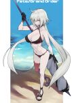  10mo 1girl ahoge bangs bare_shoulders beach bikini black_bikini black_gloves black_jacket blue_sky breasts choker cleavage collarbone cropped_jacket fate/grand_order fate_(series) flag full_body gloves highres jacket jeanne_d&#039;arc_(alter_swimsuit_berserker)_(fate) jeanne_d&#039;arc_(fate) large_breasts long_hair looking_at_viewer navel o-ring o-ring_bikini ocean polearm red_legwear revision sandals shore silver_hair single_thighhigh sky solo swimsuit thigh_strap thighhighs thighs very_long_hair weapon yellow_eyes 