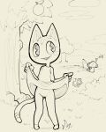  2019 ambiguous_gender animal_crossing anthro black_and_white canid canine canis clothed clothing clothing_lift domestic_cat domestic_dog dress dress_lift duo felid feline felis female female_focus fishing flashing full-length_portrait genitals hi_res itsunknownanon looking_aside mammal monochrome nintendo no_underwear outside partially_clothed plant portrait public public_exposure pussy rosie_(animal_crossing) sketch solo_focus standing tree video_games 