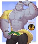  2021 abs anthro barazoku belt biceps big_bulge big_muscles blue_background bodily_fluids border bottomwear bracelet bulge bulk clothed clothing english_text flexing hi_res jewelry looking_at_viewer machoke male muscular muscular_anthro muscular_male navel nintendo nipples obliques one_eye_closed open_clothing open_shirt open_topwear pants pecs pok&eacute;mon pok&eacute;mon_(species) shirt simple_background smile smirk solo standing sweat teeth text tight_clothing topwear vein video_games white_border wink wolfconfnsfw 
