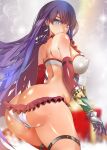  1girl absurdres arched_back ass back bangs bare_shoulders bikini blue_eyes blunt_bangs breasts elbow_gloves fate/grand_order fate_(series) gauntlets gloves highres large_breasts long_hair looking_at_viewer looking_back martha_(fate) martha_(swimsuit_ruler)_(fate) purple_hair red_gloves solo swimsuit thigh_strap thighs white_bikini yahoo0124 