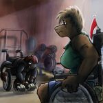  agent_texas anthro chupadore crossroadspony detailed_background disability duo female frown glare gym hi_res muscular muscular_female nelson_(rvb_revolution) paraplegic raemyshu rvb_revolution sleeveless_shirt tension weights wheelchair 