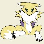  2019 anthro bandai_namco black_sclera digimon digimon_(species) female front_view full-length_portrait fur genitals green_eyes hands_behind_back hi_res itsunknownanon looking_at_viewer mammal mostly_nude neck_tuft portrait pussy renamon sitting solo spread_legs spreading tuft yellow_body yellow_fur 