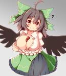  1girl ? ahoge areolae bangs bird_wings black_skirt black_wings blush bow breasts brown_eyes brown_hair cameltoe closed_mouth clothes_pull collared_shirt commentary_request eyebrows_visible_through_hair feet_out_of_frame frilled_skirt frills gradient gradient_background green_bow green_skirt grey_background hair_bow haruirokomici highres large_breasts layered_skirt long_hair looking_at_viewer no_bra open_clothes open_shirt panties puffy_short_sleeves puffy_sleeves reiuji_utsuho see-through_skirt shirt shirt_pull short_sleeves skirt smile solo third_eye touhou underwear white_panties white_shirt wings 