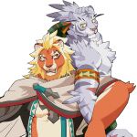  2boys absurdres animal_ears back-to-back bara character_request colored_sclera furry furry_male grey_fur highres lion_boy locked_arms male_focus multiple_boys muscular muscular_male nimbus_(world_flipper) nipples orange_fur pectorals relax_lion snout tiger_boy tiger_ears topless_male two-tone_fur underpec white_background white_fur world_flipper yellow_sclera 