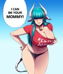  ! 1girl animal_ears bangs bell blue_eyes blue_hair blunt_bangs breasts choker cleavage collarbone commentary cow_ears cow_girl cow_horns cow_tail cowbell cowboy_shot doctor_zexxck english_commentary english_text eyebrows_visible_through_hair holiday horns huge_breasts long_hair looking_at_viewer mother&#039;s_day navel neck_bell original panties parted_lips short_sleeves solo speech_bubble tail teeth underwear 