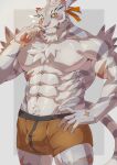  1boy abs absurdres animal_ears areolae bara blush boxers bulge colored_sclera cowboy_shot finger_to_cheek furry furry_male grey_fur highres large_pectorals looking_at_viewer male_focus male_underwear muri_(43848994) muscular muscular_male navel nimbus_(world_flipper) nipples orange_male_underwear pectorals snout solo stomach tail thick_thighs thighs tiger_boy tiger_ears tiger_tail topless_male two-tone_fur underwear underwear_only white_fur world_flipper yellow_sclera 