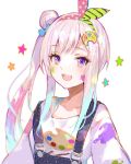  1girl airani_iofifteen collarbone fuzichoco hair_ornament hair_ribbon hairband hairclip highres hololive hololive_indonesia multicolored_hair open_mouth overalls paint_splatter pink_hair purple_eyes ribbon side_bun side_ponytail solo two-tone_hair upper_body virtual_youtuber 