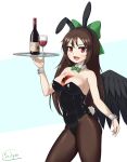  1girl absurdres alcohol animal_ears bangs bird_wings black_legwear black_leotard black_wings blue_background blush bottle bow bowtie breasts brown_hair commentary_request contrapposto cowboy_shot cup detached_collar drinking_glass fake_animal_ears fake_tail green_bow green_bowtie highres holding holding_tray large_breasts leotard long_hair looking_at_viewer open_mouth pantyhose playboy_bunny rabbit_ears rabbit_tail red_eyes reiuji_utsuho signature smile solo ssalyun strapless strapless_leotard tail third_eye touhou tray two-tone_background white_background wine wine_bottle wine_glass wings wrist_cuffs 