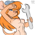  anthro breasts chip_&#039;n_dale_rescue_rangers disney eyewear eyewear_on_head female gadget_hackwrench goggles goggles_on_head holding_object mammal mouse murid murine nipples nude rodent solo suntan tan_line tools wrench xylas 