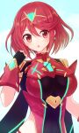  1girl bangs black_gloves breasts chest_jewel earrings fingerless_gloves gem gloves headpiece jewelry large_breasts pyra_(xenoblade) red_eyes red_hair short_hair solo suta_(clusta) swept_bangs tiara xenoblade_chronicles_(series) xenoblade_chronicles_2 