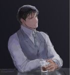  1boy arm_support black_background black_eyes black_hair buttons closed_mouth collared_shirt counter cup dark_background dress_shirt drink drinking_glass facing_viewer fullmetal_alchemist glass grey_necktie grey_vest hair_strand holding holding_cup ice ice_cube light_smile looking_afar male_focus necktie reflection roy_mustang shadow shirt simple_background spiked_hair tsurime urikurage vest white_shirt 