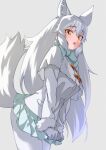  1girl :o absurdres animal_ears arctic_fox_(kemono_friends) bangs bow bowtie capelet coat commentary cowboy_shot extra_ears eyebrows_visible_through_hair fox_ears fox_girl fox_tail fur-trimmed_sleeves fur_trim grey_background hair_between_eyes highres kemono_friends long_hair long_sleeves looking_at_viewer open_mouth pantyhose pleated_skirt simple_background skirt skirt_tug solo tail tanabe_(fueisei) very_long_hair white_capelet white_coat white_legwear yellow_eyes 