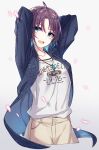  1girl :d absurdres ahoge arms_up asakura_tooru bangs blue_hair breasts collarbone cropped_legs denim denim_jacket glowing_petals gradient_hair highres idolmaster idolmaster_shiny_colors jacket jewelry medium_breasts multicolored_hair necklace parted_bangs print_shirt purple_hair shirt short_hair simple_background smile solo zutaboro 