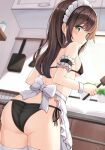  1girl apron ass bangs black_bra black_panties blush bow bra breasts brown_hair closed_mouth commentary_request cooking copyright_request cowboy_shot eyebrows_visible_through_hair frilled_apron frills green_eyes holding holding_ladle indoors keiran_(ryo170) kitchen ladle long_hair looking_at_viewer looking_back maid maid_headdress medium_breasts panties side-tie_panties solo standing thighhighs underwear waist_apron white_apron white_bow white_legwear wrist_cuffs 