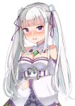  1girl alternate_hairstyle bangs bare_shoulders blush braid breasts cleavage commentary_request doll_hug emilia_(re:zero) eyebrows_visible_through_hair flower frills gem grey_background grey_flower grey_hair hair_flower hair_ornament hair_ribbon highres kimura_mitsuki large_breasts long_hair long_sleeves object_hug puck_(re:zero) purple_eyes purple_ribbon re:zero_kara_hajimeru_isekai_seikatsu ribbon short_pointy_ears simple_background stuffed_animal stuffed_cat stuffed_toy twintails upper_body wide_sleeves x_hair_ornament 