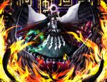  1girl arm_cannon atom bangs bird_wings black_hair black_sun black_wings bow buttons cape closed_mouth collared_shirt colorful commentary_request control_rod feathers fire frilled_shirt_collar frilled_skirt frills full_body gradient_hair green_bow green_skirt hair_bow highres long_hair looking_at_viewer m2_eleeam multicolored_hair puffy_short_sleeves puffy_sleeves red_eyes red_hair reiuji_utsuho shide shirt short_sleeves skirt smile solo sun third_eye touhou very_long_hair weapon white_cape white_shirt wings 