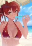  1girl bangs beach beach_umbrella bikini bikini_top blue_skirt breasts cloud commentary_request day food hair_between_eyes hair_ribbon halter_top halterneck heterochromia highres holding holding_food hololive houshou_marine long_hair looking_at_viewer makimaki_makky7 medium_breasts outdoors popsicle red_bikini red_eyes red_hair ribbon shade skirt solo strap_gap swimsuit tongue twintails umbrella upper_body virtual_youtuber yellow_eyes 