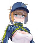  1girl adapted_costume ahoge aqua_eyes artoria_pendragon_(fate) bangs baseball_cap blonde_hair blue_headwear breasts choisd4516 cleavage closed_mouth eyebrows_visible_through_hair fate/grand_order fate_(series) gun hair_through_headwear handgun hat medium_breasts mysterious_heroine_xx_(fate) one-piece_swimsuit short_hair shrug_(clothing) simple_background solo sweat swimsuit upper_body weapon white_background white_swimsuit 