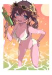  bangs bikini blue_eyes blush bow bracelet brown_hair commentary earrings eyewear_on_head front-tie_bikini front-tie_top hair_between_eyes halterneck hand_on_hip highres hiyoko_no_ko holding holding_water_gun hololive jewelry lemon_print looking_at_viewer medium_hair natsuiro_matsuri open_mouth orange-framed_eyewear plaid plaid_bow soaking_feet sunglasses swimsuit teeth twintails upper_teeth virtual_youtuber water_gun wavy_hair white_bikini 